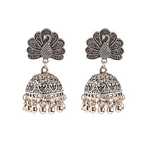 Retro Bollywood Oxidized Gypsy Jewelry Women Ethnic Gold Afghan Birdcage Long Chain Tassel Peacock Carved Jhumka Indian Earrings