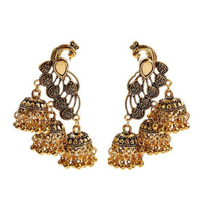 Retro Bollywood Oxidized Gypsy Jewelry Women Ethnic Gold Afghan Birdcage Long Chain Tassel Peacock Carved Jhumka Indian Earrings