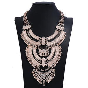 LZHLQ Maxi Necklaces Women Ethnic Round Chunky Necklace Fashion Sweater Chain Geometric Carved Rhinestone Jewelry Statement